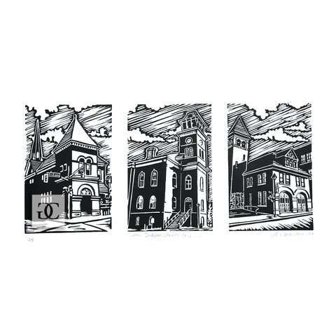 PRE-ORDER Dickson Street Trio, Original Black & White Linocut Relief Print