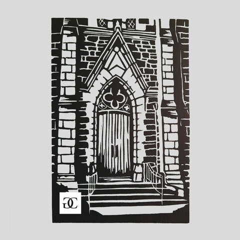 Black and white hand-carved and hand-printed linocut relief print. View of the beautiful architecture of the front entrance and steps of Central Presbyterian Church in Cambridge, Ontario.