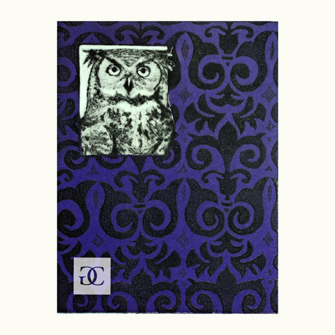 Limited Edition Print of black and white Owl with purple and black damask wallpaper  background pattern 